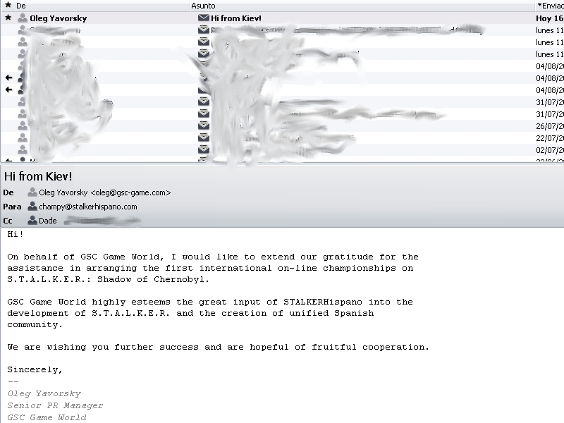 Carta recibida por GSC Game World Oleg Yavorsky